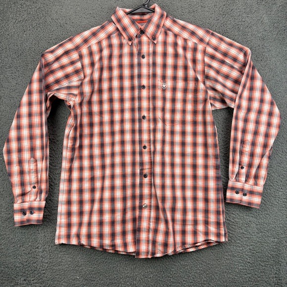 Ariat Other - Ariat Pro Series Mens Plaid Long Sleeve Button Up Shirt Orange‎ Navy Blue Size M